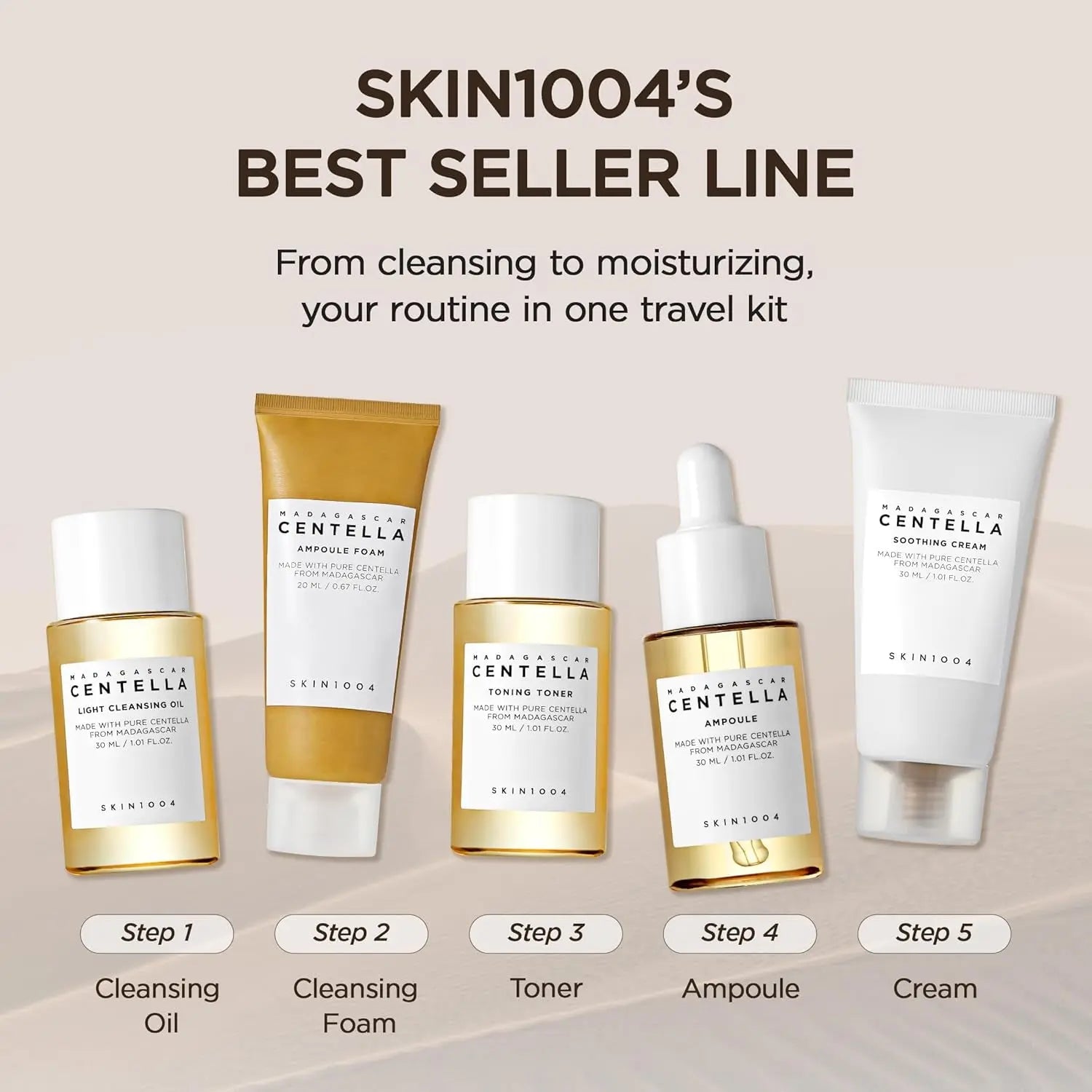 Centella Travel Kit, Korean Skincare Set with Toner, Moisturiser, Serum, Cleansing Oil & Cleanser, Travel Size Skincare Set with Madagascar Centella, Sensitive Skin, Perfect for Travel Beauty & Gifts