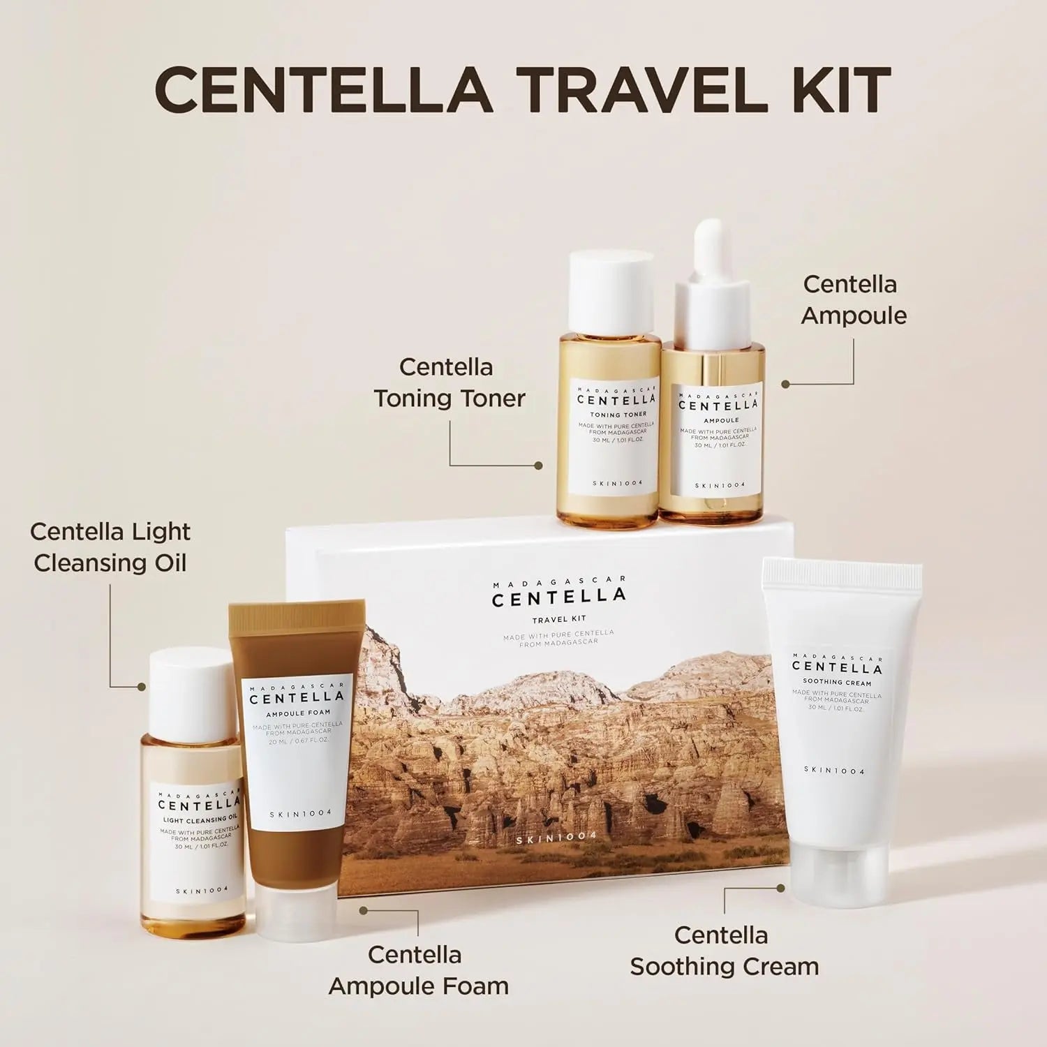 Centella Travel Kit, Korean Skincare Set with Toner, Moisturiser, Serum, Cleansing Oil & Cleanser, Travel Size Skincare Set with Madagascar Centella, Sensitive Skin, Perfect for Travel Beauty & Gifts