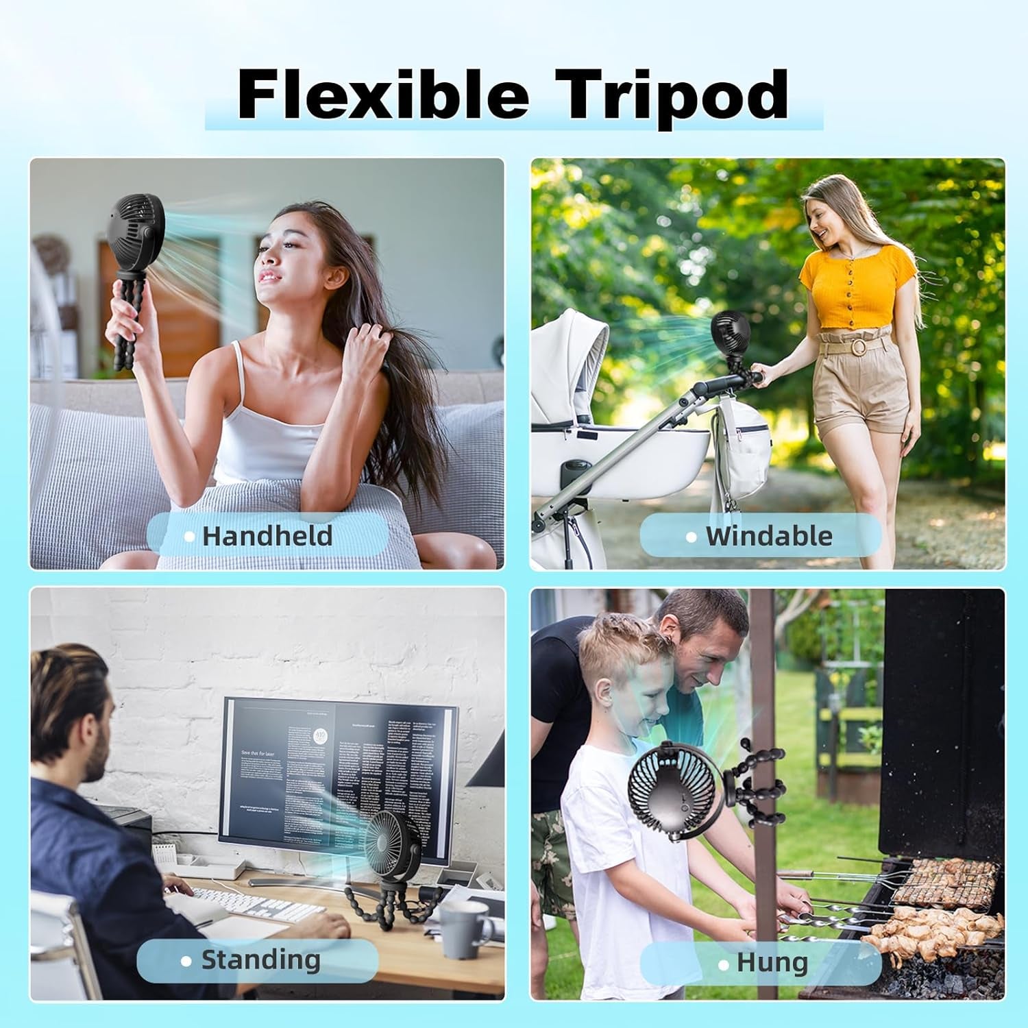 Baby Stroller Fan,20H Work Time Buggy Battery Powered Clip on Fan with Flexible Tripod Travel Beach Essentials for Car Seat Pram Crib Bike Treadmill Umbrella Wheelchairs Camping