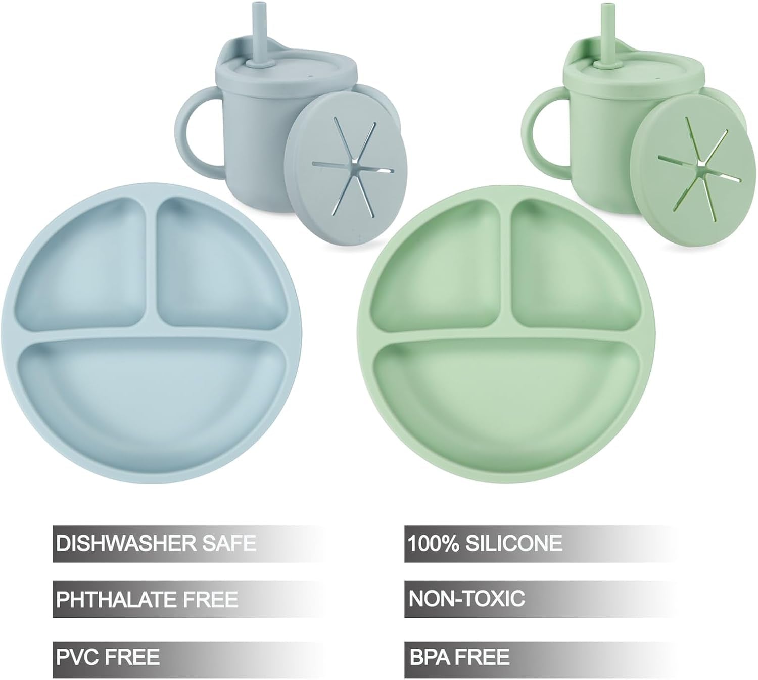 Silicone Baby Feeding Set| 2 Pack Silicone Divided Suction Plate and 2 Pack Tiny Cup with 2 Spoons 2 Forks| Baby Led Weaning Supplies Self Feeding Eating Utensils (Blue/Green)