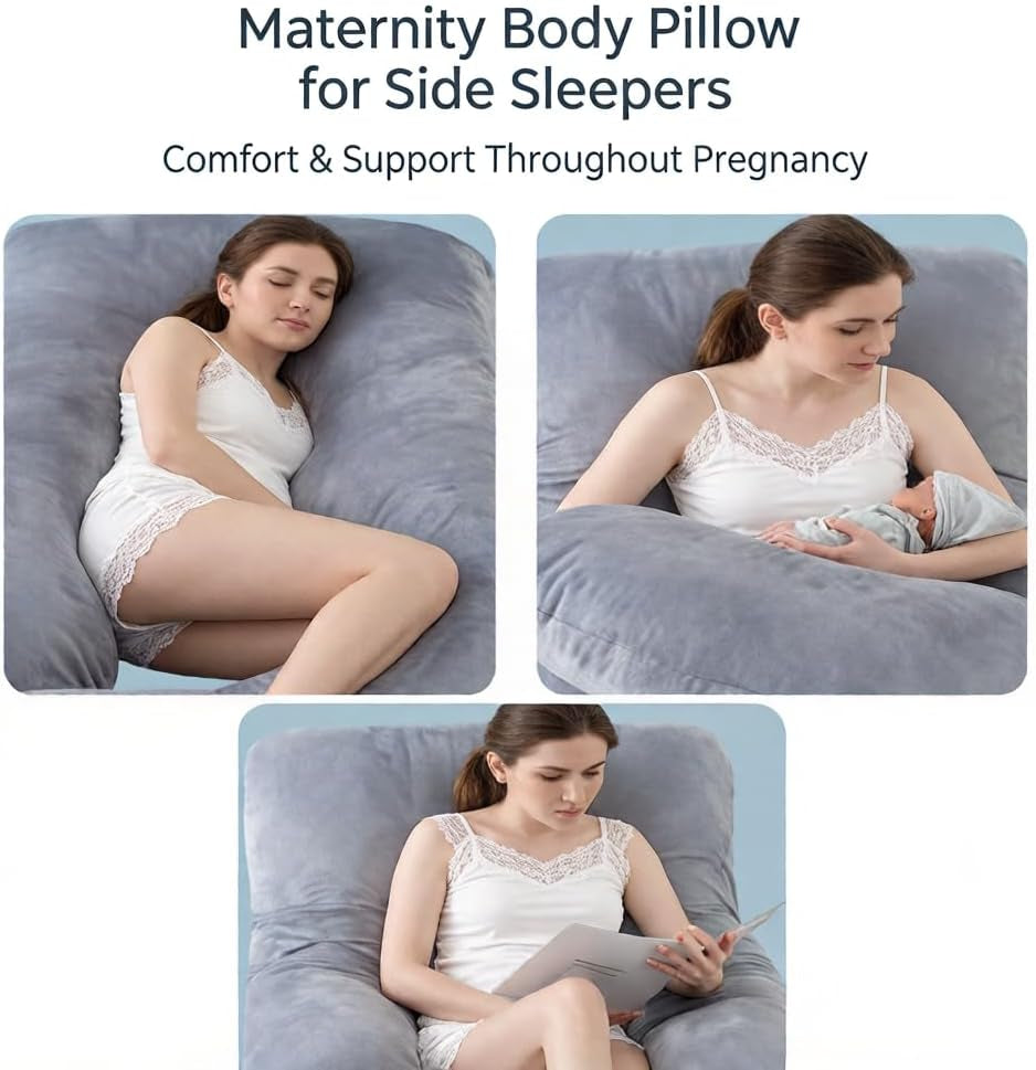 Pregnancy Pillow J-Shaped Full Body Support, 155cm Velvet Cover for Pregnant Women, Maternity Back Leg Belly Sleep Pillow with Removable Cover